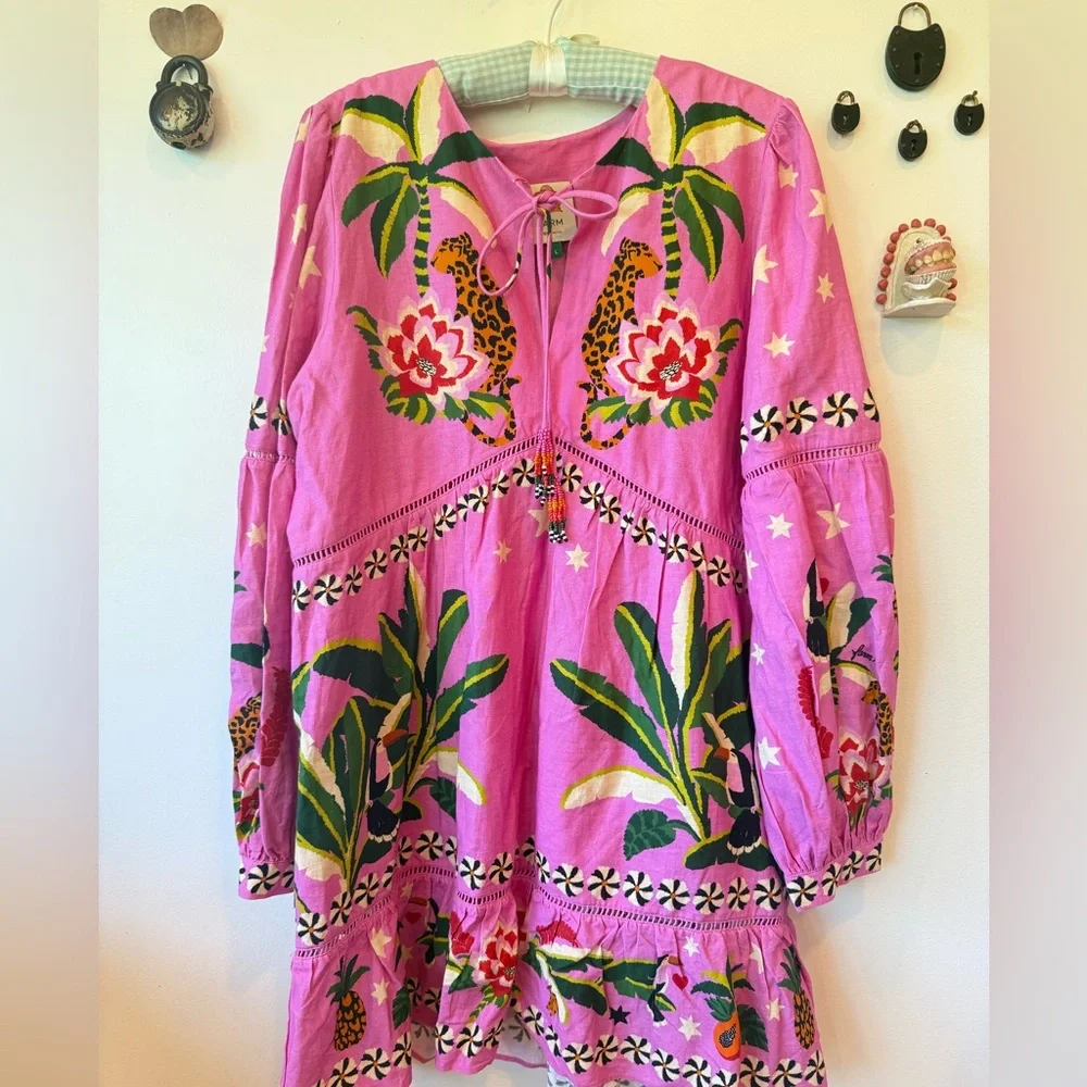 FARM Rio Pink Leopard Forest Mini Dress Beaded babydoll resort tropical Size L - Picture 7 of 9